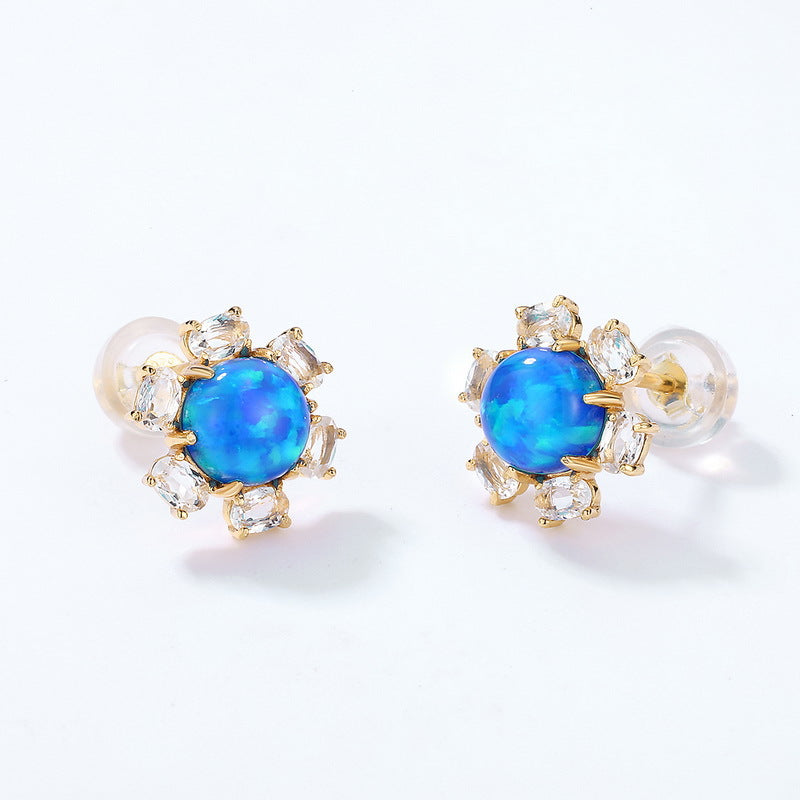 S925 sterling silver with 10K gold plated Japanese and Korean style earrings | Synthetic blue opal and simulated diamond flower shape, fresh and sweet earrings