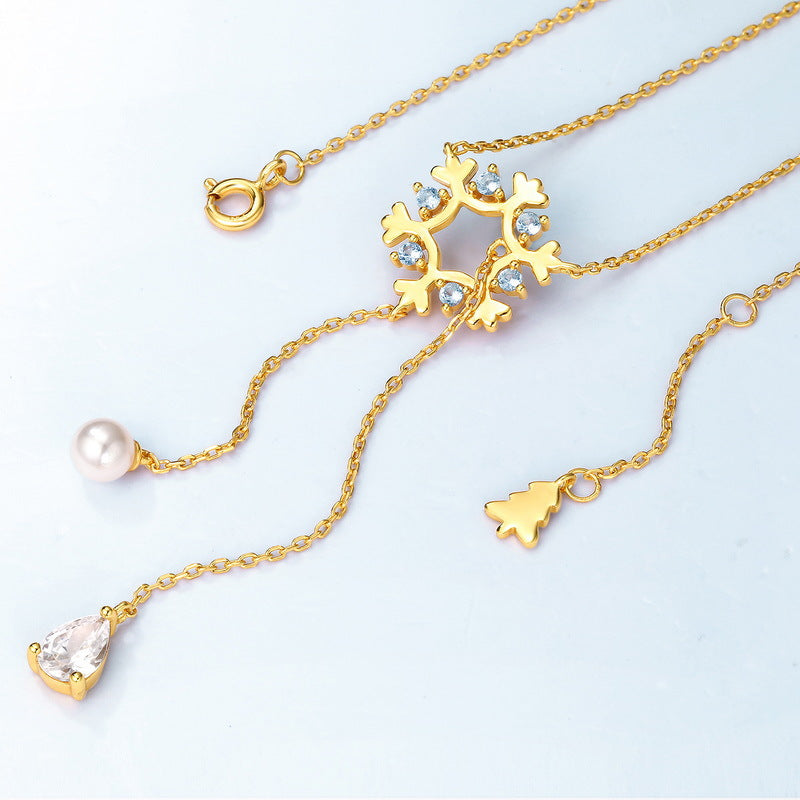 S925 純銀鍍 10K 金 + 白金項鍊 | 貝殼珠白鋯藍尖晶雪花造型,冬日浪漫必備