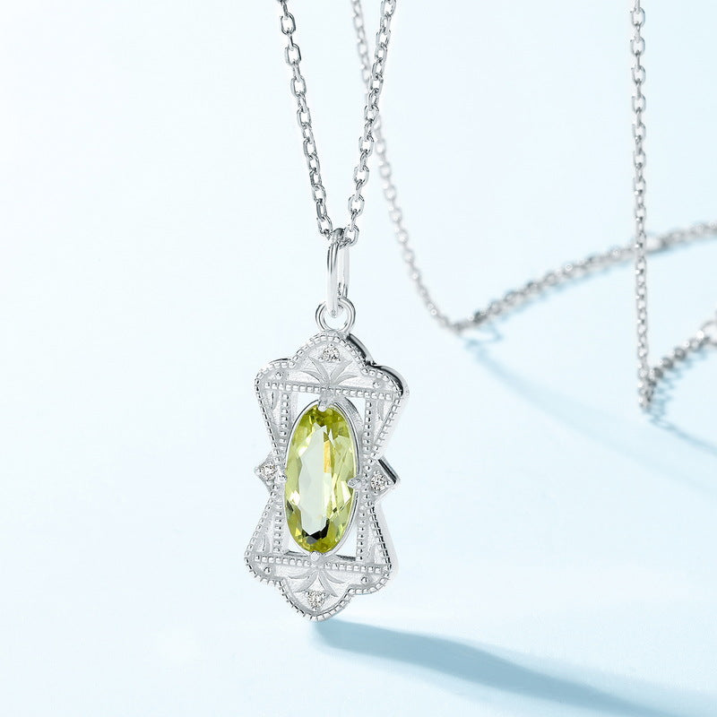 S925 sterling silver Japanese and Korean style retro picture frame lemon crystal pendant necklace