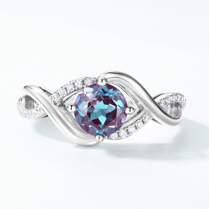 S925 sterling silver with thick platinum platinum European and American style ring | Cultivated Alexandrite imitation diamond wrapped design June birthstone ring