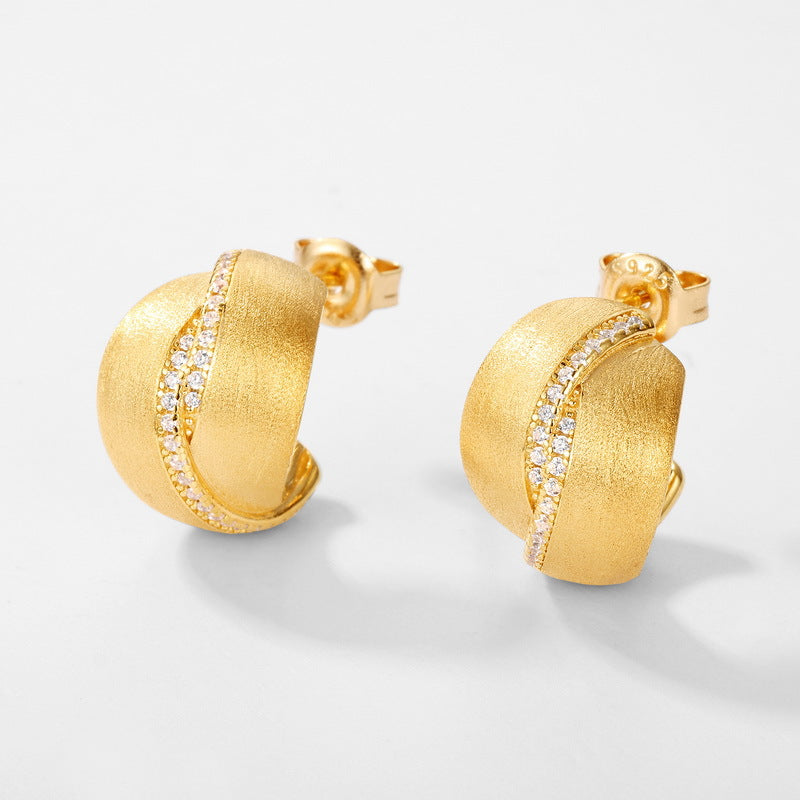 S925 sterling silver plated with 10K gold frosted high-end hand-brushed artificial imitation diamond earrings | European and American retro light luxury versatile jewelry