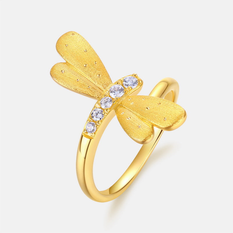 S925 sterling silver with 10K gold plated hand-brushed dragonfly imitation diamond ring | Fashionable and individual light luxury ring street style jewelry