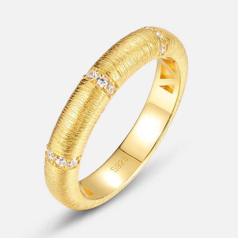 S925 sterling silver with 10K gold plated hand-brushed imitation diamond ring | Retro light luxury ring fashionable stacking jewelry