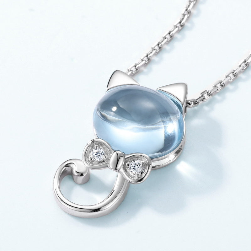 日韓風S925純銀鍍厚銀白金飾品|天然天空托帕石貓咪吊墜項鍊