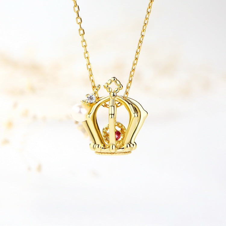 S925 純銀鍍 10K 金項鍊|皇冠造型鑲淡水珍珠仿鑽 夢幻公主風首選