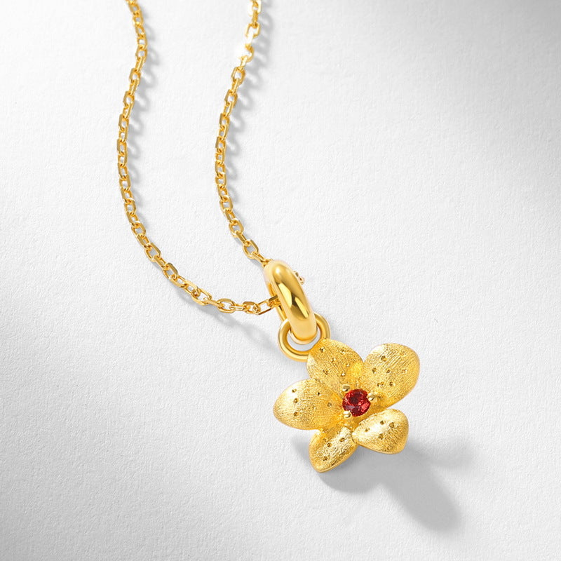 S925 sterling silver with 10K gold plated hand-brushed red garnet pendant | Light retro flower clavicle necklace, fashionable boutique essential jewelry