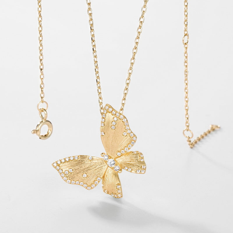 S925 sterling silver plated with 10K gold hand-brushed butterfly imitation diamond necklace | light luxury all-match clavicle necklace essential jewelry for workplace dating