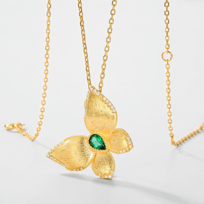 S925 sterling silver plated with 10K gold, hand-brushed, cultured emerald butterfly set | Light luxury vintage earrings and necklace, high-end jewelry two-piece set