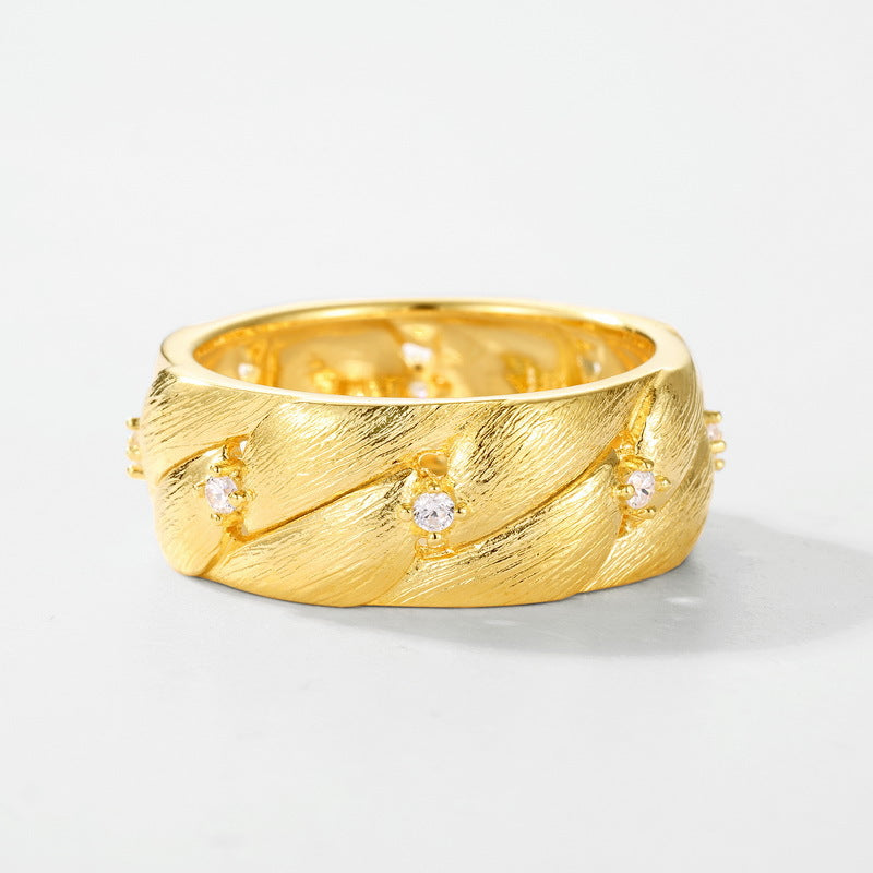 S925 sterling silver plated with 10K gold hand-brushed star imitation diamond ring | light luxury retro texture ring high-end fashion jewelry