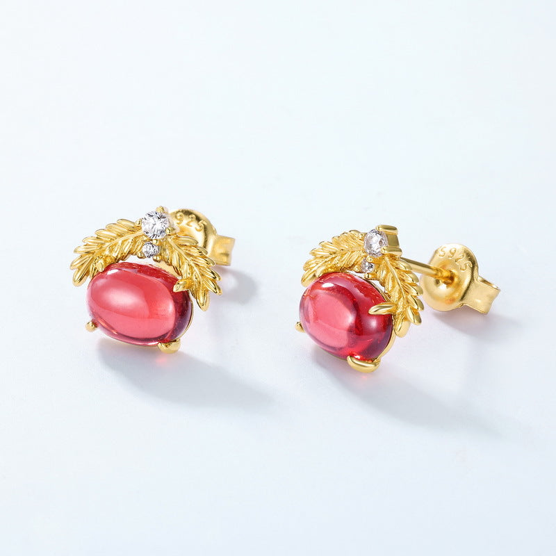 S925 純銀鍍 10K 金耳環|天然石榴石仿鑽 葉蔓圍繞時尚必備