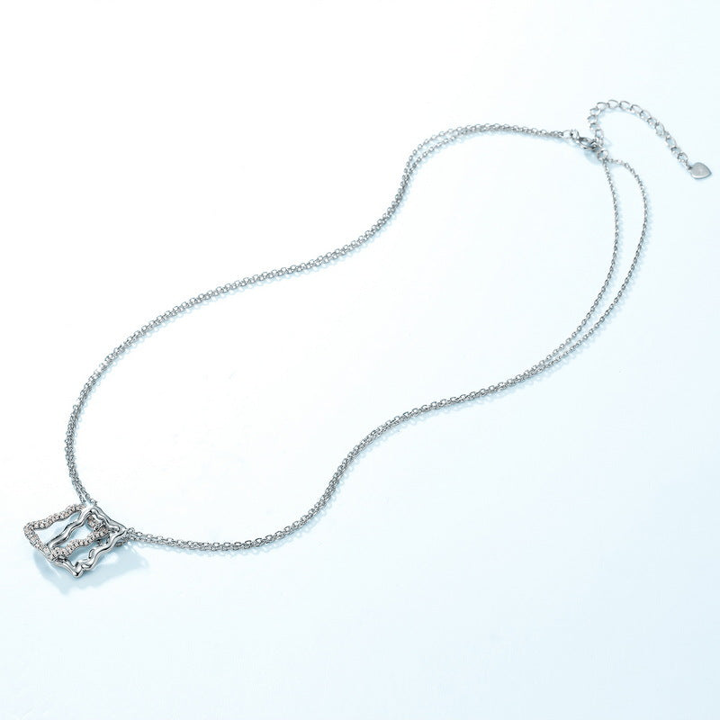 S925 純銀鍍厚銀白金項鍊|雙層不規則仿鑽吊墜 歐美時尚首選