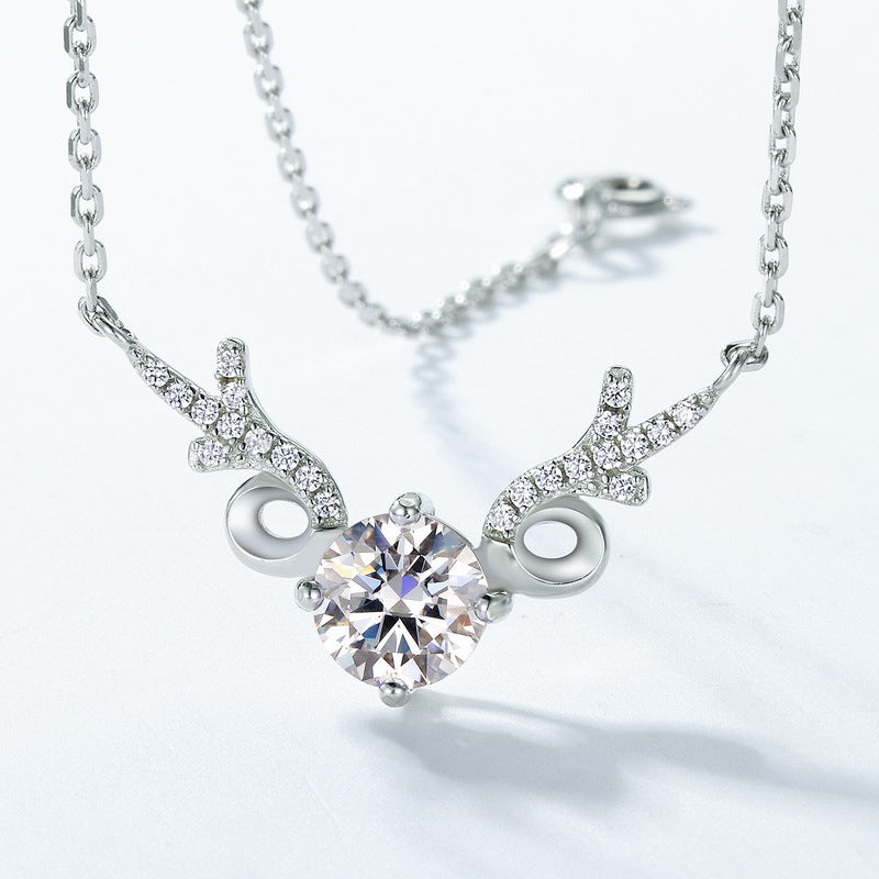 S925 純銀鍍厚銀白金項鍊|莫桑鑽仿鑽麋鹿鹿角設計 歐美時尚首選