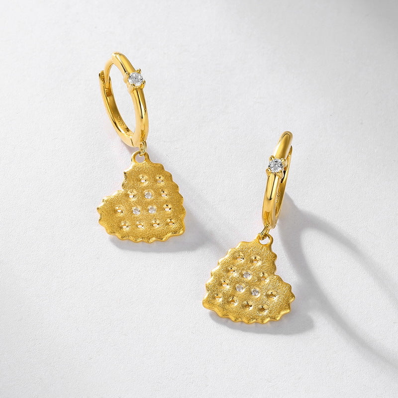 S925 sterling silver with 10K gold plated hand-brushed heart pendant earrings | Fashionable and individual light luxury earrings with street-style heart-shaped design
