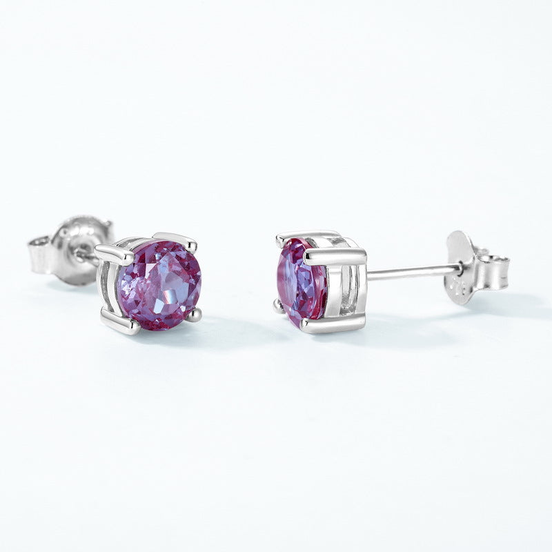 S925 sterling silver with thick platinum platinum four-claw Alexandrite earrings | June birthstone color-changing luxury earrings