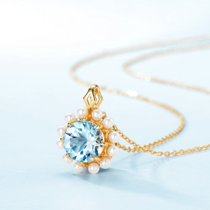 S925 sterling silver plated with 10K gold natural sky blue topaz shell beads ocean romance pendant
