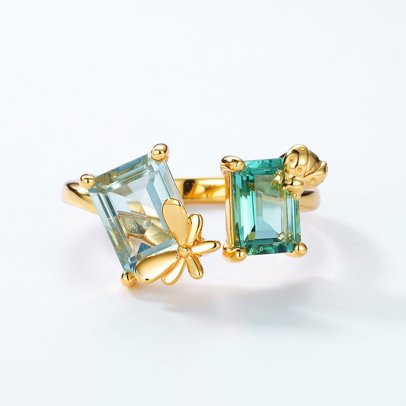 S925 純銀鍍 10K 金日韓風戒指|合成托帕石 + 綠水晶 森系清新必備