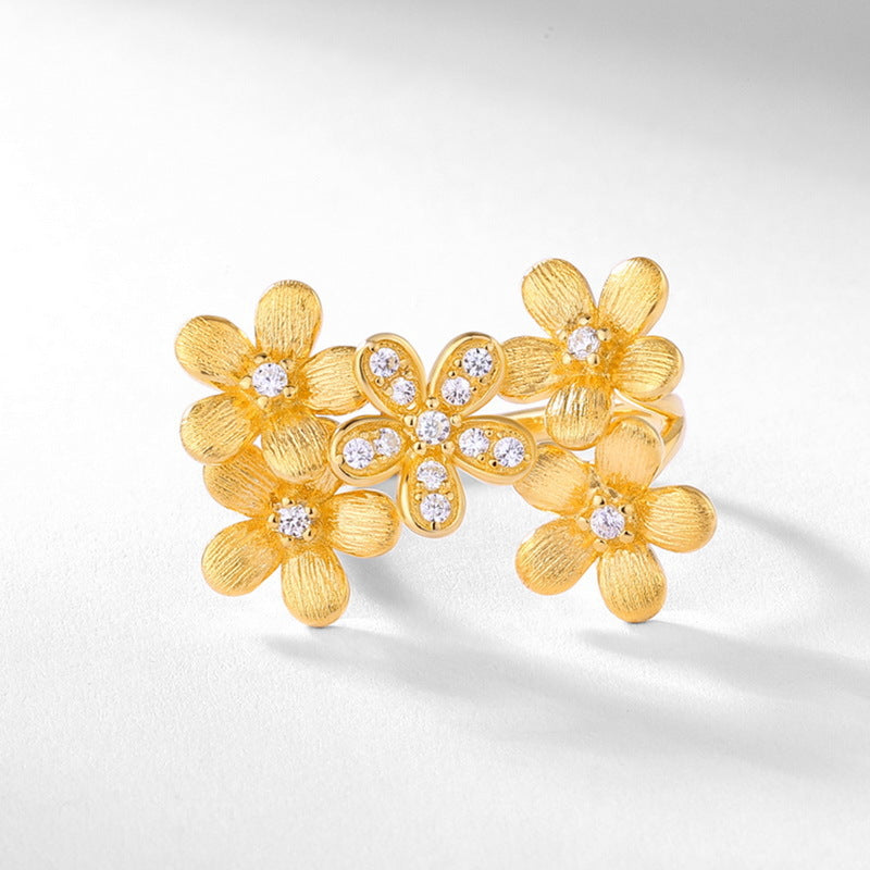 S925 sterling silver plated with 10K gold hand-brushed flower imitation diamond ring | Spring Garden Romantic Ring Light Luxury Jewelry