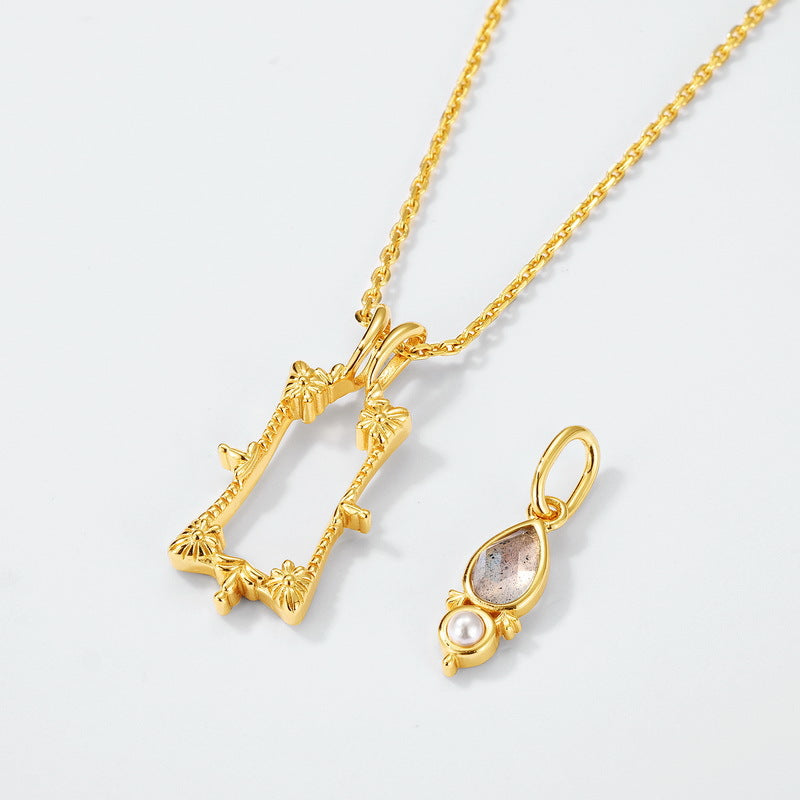 S925 純銀鍍 10K 金日韓風項鍊|天然拉長石貝殼珠 復古框型設計必備