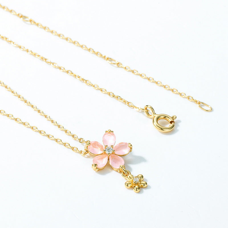 S925 純銀鍍 10K 金日韓風項鍊|合成粉水晶仿鑽花朵頸鏈 甜美清新必備