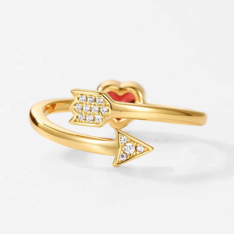 S925 sterling silver plated with 10K gold hand-brushed Cupid's Arrow set | Red garnet Cupid necklace and ring confession gift jewelry