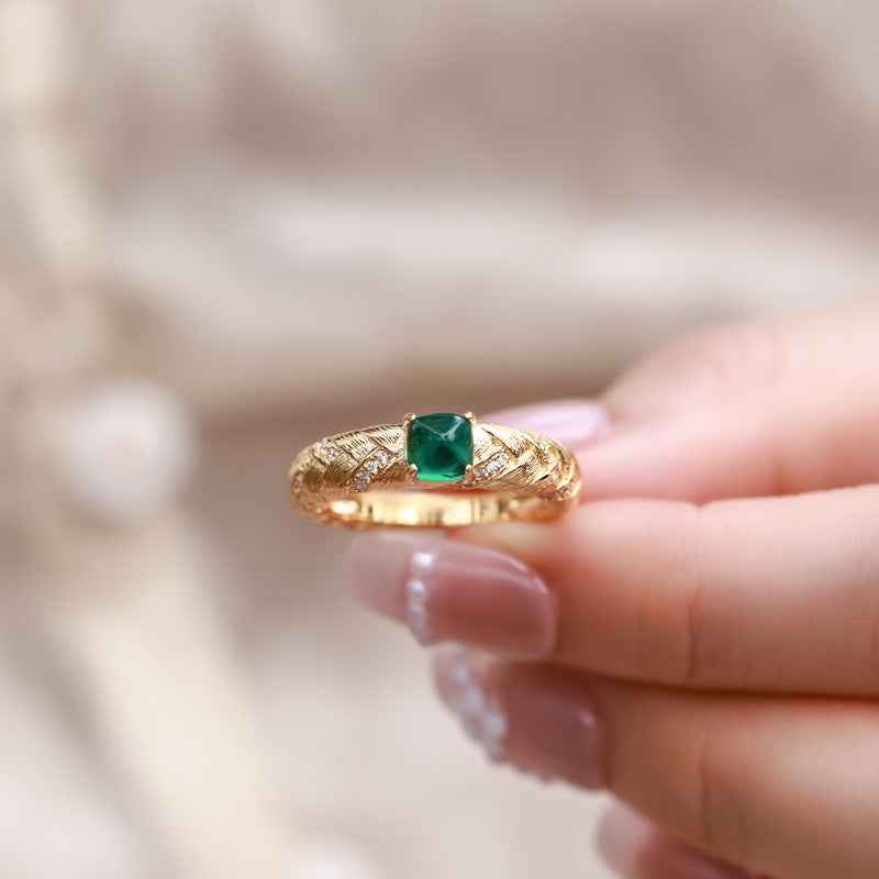 S925 sterling silver with 10K gold plated hand-brushed emerald imitation diamond ring | Retro light luxury leaf vein shape ring high-end fashion jewelry
