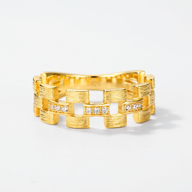 S925 sterling silver with 10K gold plated hand-brushed braided imitation diamond ring | Fashionable urban luxury ring with personalized chain design