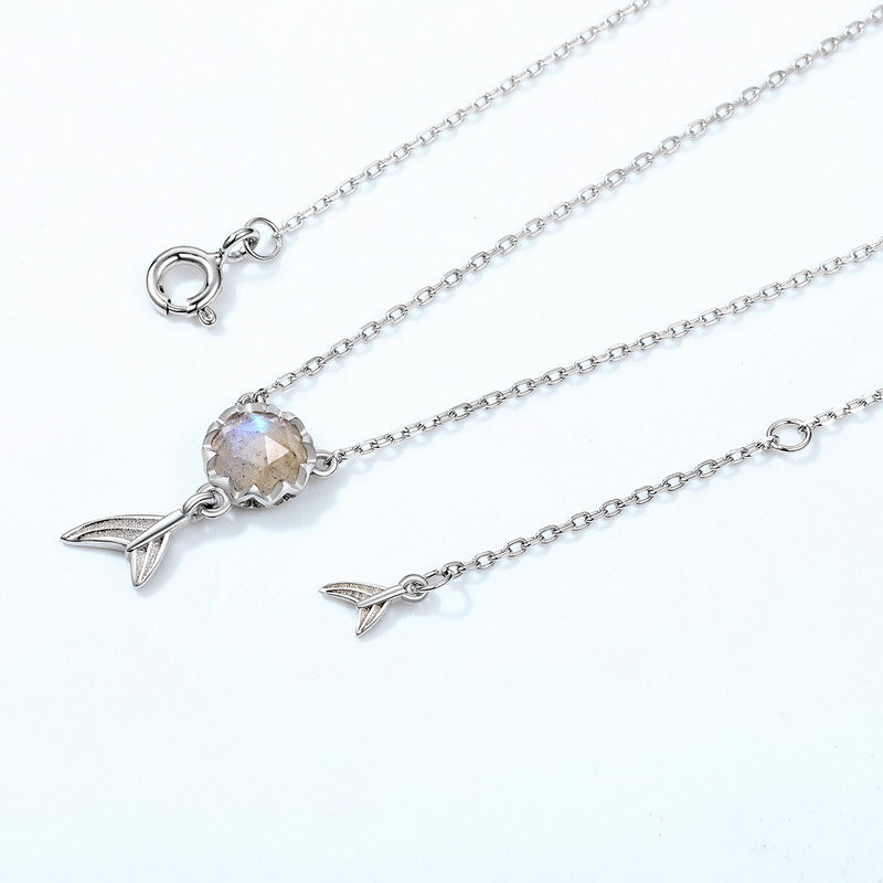 歐美風必備!S925 純銀鍍厚銀白金,天然拉長石項鍊