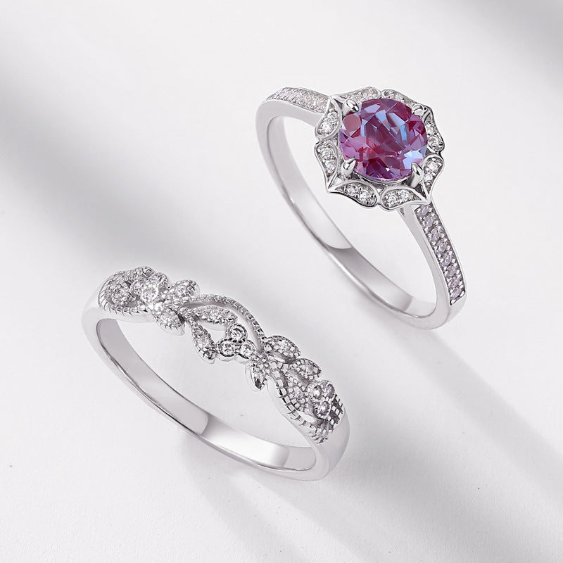 S925 sterling silver with thick platinum and European and American style ring | Synthetic Alexandrite and imitation diamond flower cage shape June birthstone ring