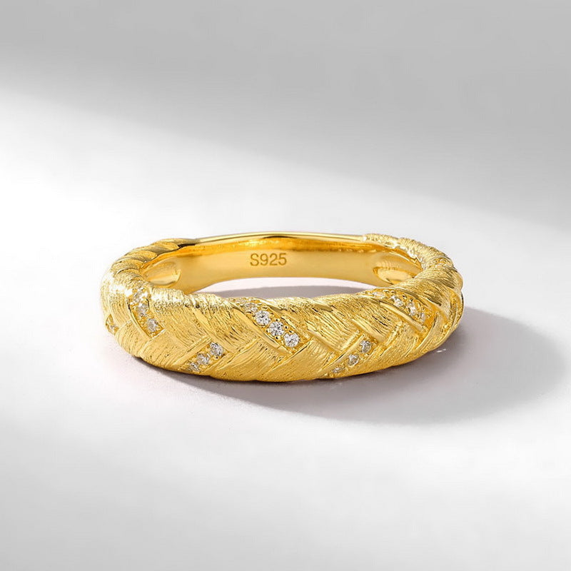 S925 sterling silver plated with 10K gold hand-brushed braided set | Imitation diamond vintage earrings and rings artistic textured jewelry