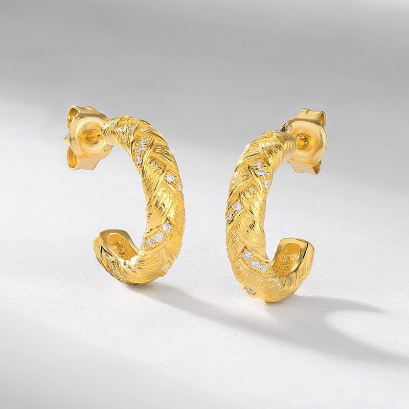 S925 sterling silver plated with 10K gold hand-brushed braided set | Imitation diamond vintage earrings and rings artistic textured jewelry