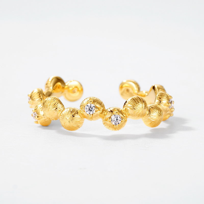 S925 sterling silver with 10K gold plated hand-brushed round bead ring | Imitation diamond light luxury stacking ring fashionable jewelry