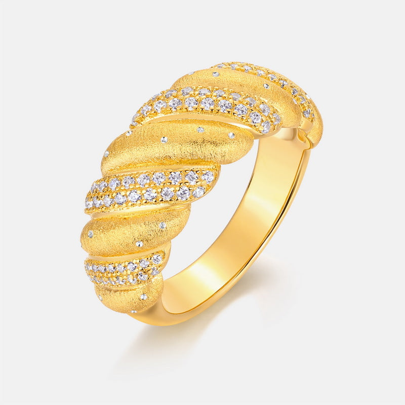 S925 sterling silver with 10K gold plated hand-brushed twisted imitation diamond ring | European and American street fashion ring personality jewelry
