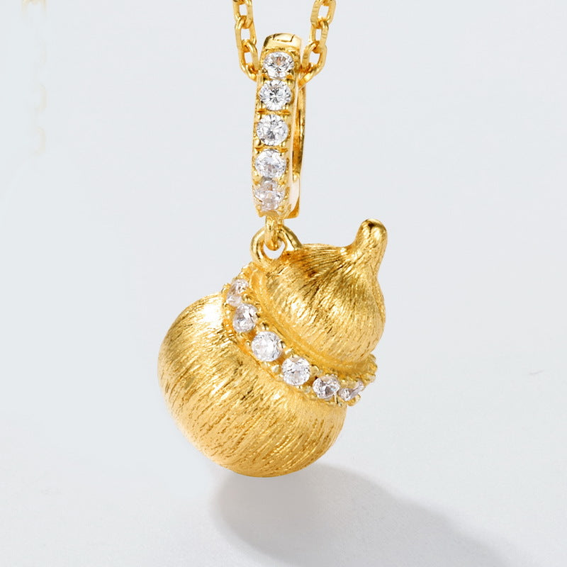 S925 sterling silver with 10K gold plated hand-brushed imitation diamond gourd necklace | Oriental auspicious light luxury jewelry gourd symbolic design