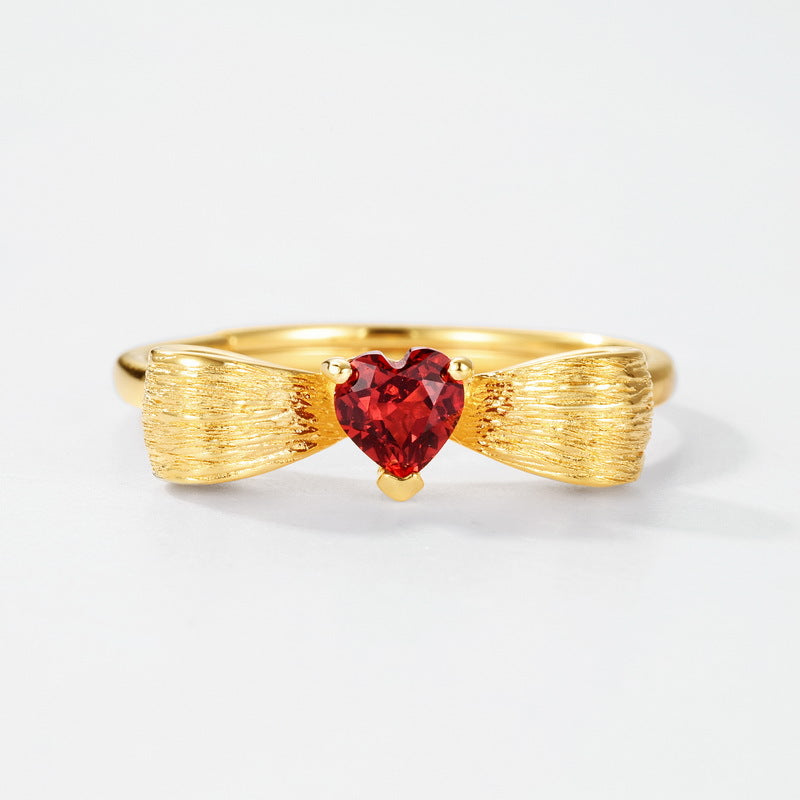 S925 sterling silver plated with 10K gold hand-brushed garnet ring | Retro bow ring light luxury niche jewelry