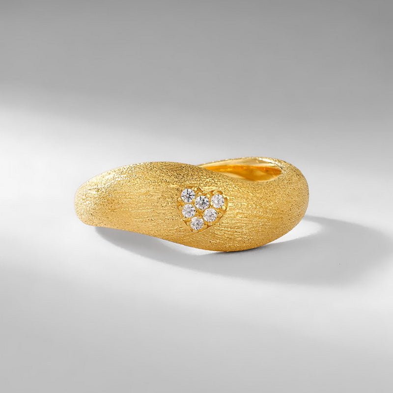 S925 sterling silver with 10K gold plated hand-brushed heart-shaped imitation diamond ring | Japanese and Korean exquisite light luxury ring with granular texture design