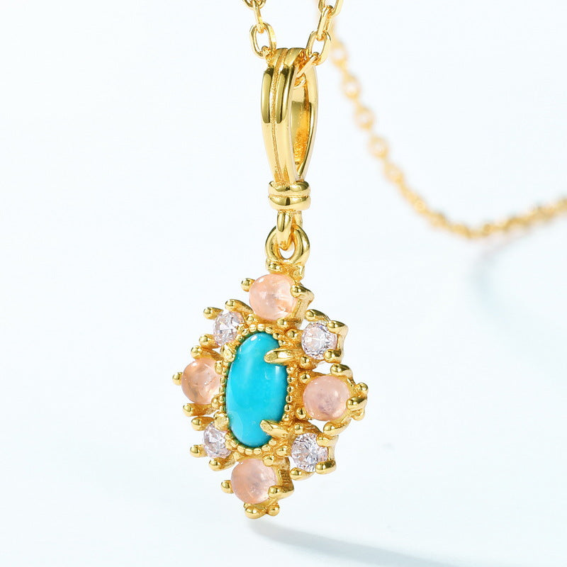 S925 sterling silver plated with 10K gold Japanese and Korean style natural turquoise exquisite retro pendant ring set