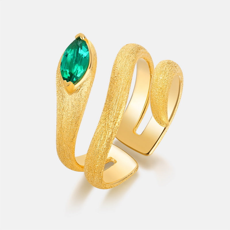 S925 sterling silver with 10K gold plated hand-brushed cultured emerald 12 zodiac snake ring | Emotional guardian ring, gift, personal wear, and collectible jewelry