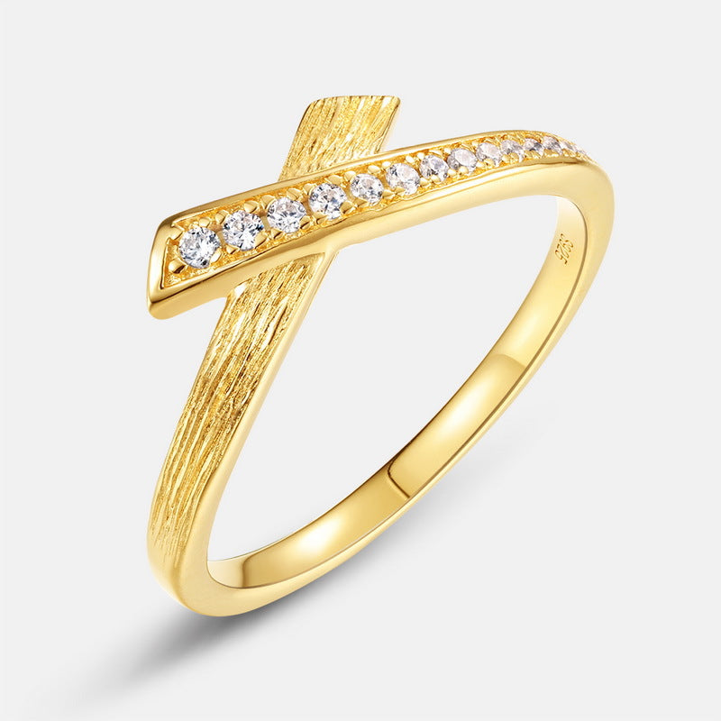 S925 sterling silver with 10K gold plated hand-brushed cross-imitation diamond ring | Handmade art light luxury ring high-end jewelry