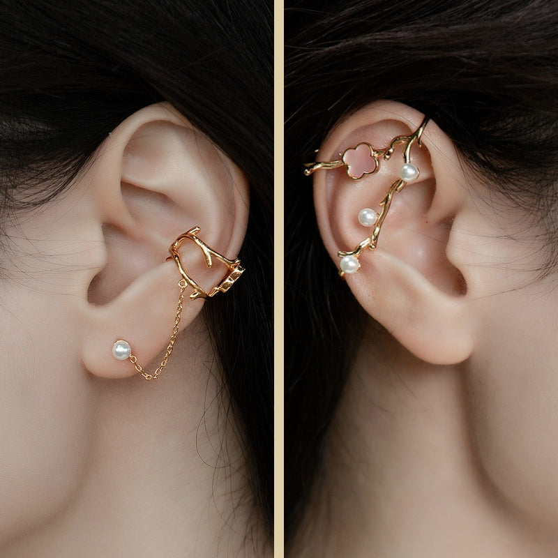 S925 sterling silver with 10K gold plated earrings | Natural pink shell beaded flower and branch-shaped four-leaf clover ear cuff