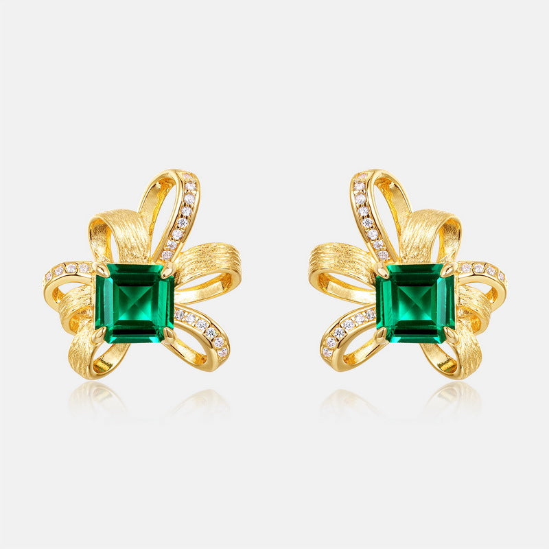 S925 sterling silver with 10K gold plated hand-brushed cultured emerald imitation diamond earrings | European and American light luxury earrings with retro and gorgeous jewelry
