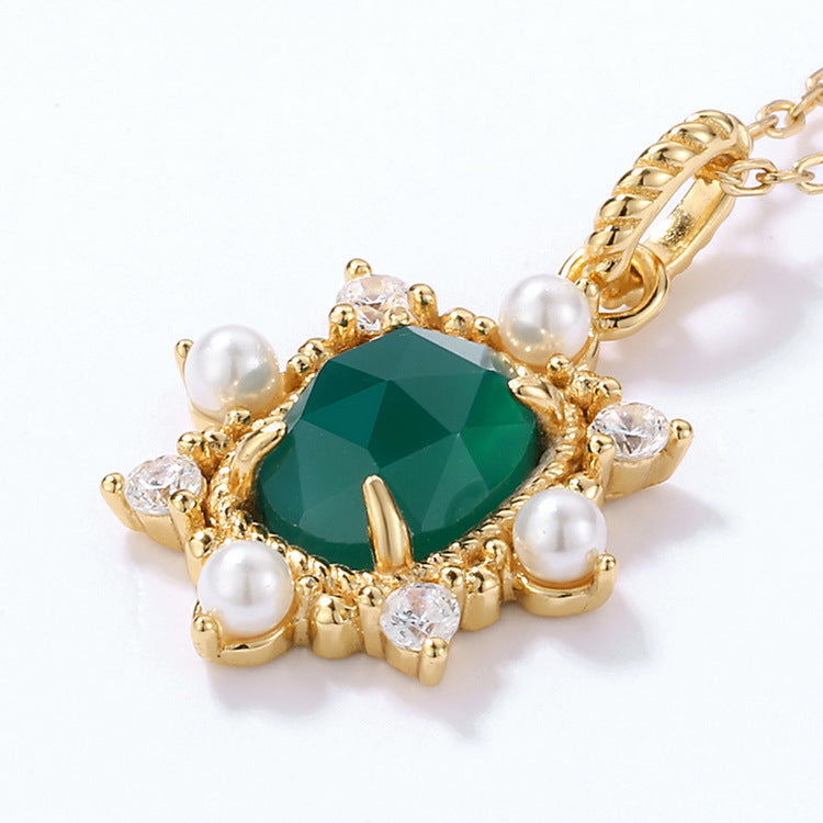 S925 純銀鍍 10K 金日韓風項鍊|天然綠瑪瑙貝殼珠仿鑽璀璨設計 清新優雅首選