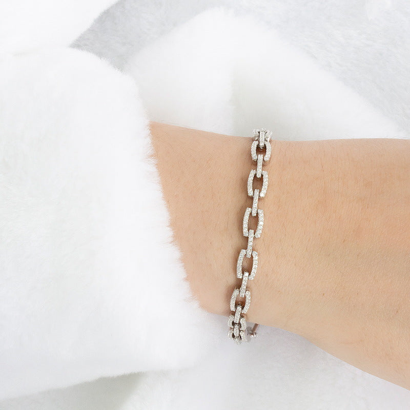 S925 sterling silver plated with thick silver and white gold European and American style bracelet | Fully inlaid with imitation diamonds, light luxury clavicle chain bracelet