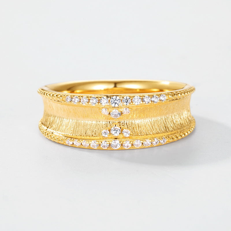 S925 sterling silver with 10K gold plated hand-brushed wheel ring | Imitation diamond light luxury ring mechanical art jewelry