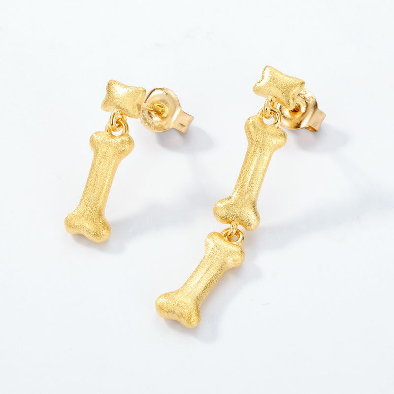 S925 純銀鍍 10K 金耳環|手工拉絲骨頭造型 可愛時尚首選