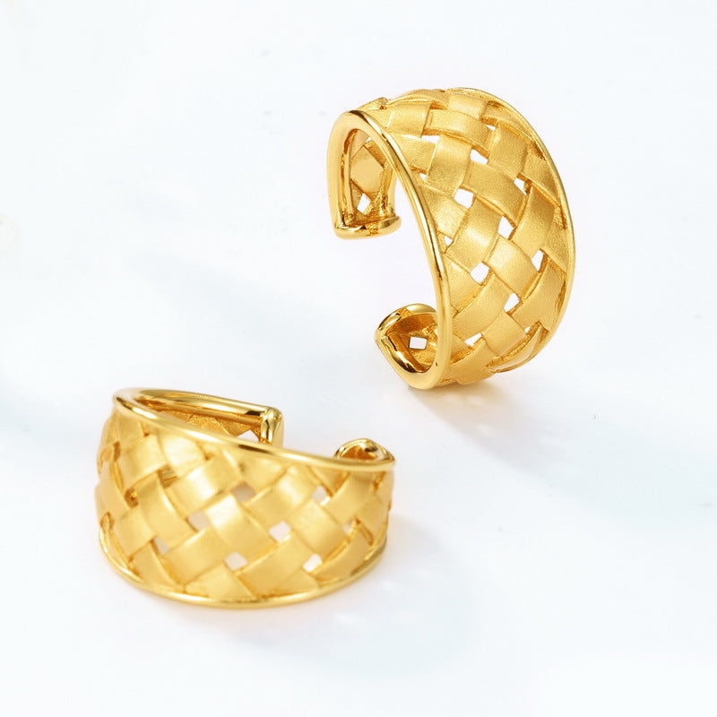 歐美時尚熱選!S925 純銀鍍 10K 金噴砂工藝耳夾與戒指