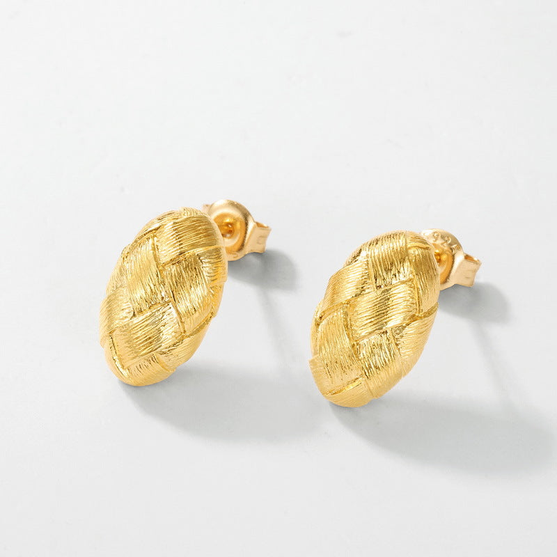 S925 sterling silver with 10K gold plated hand-brushed woven earrings | European and American light luxury earrings, retro and versatile jewelry