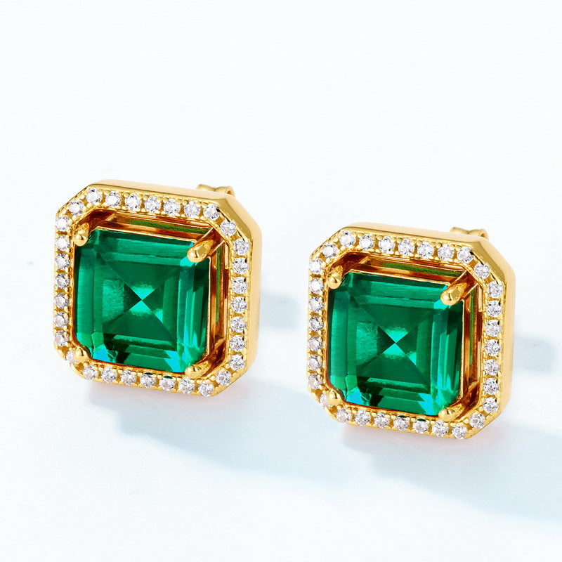 Cultivated Emerald Stud Earrings | S925 sterling silver plated with 10K gold and imitation diamonds for a luxurious feel