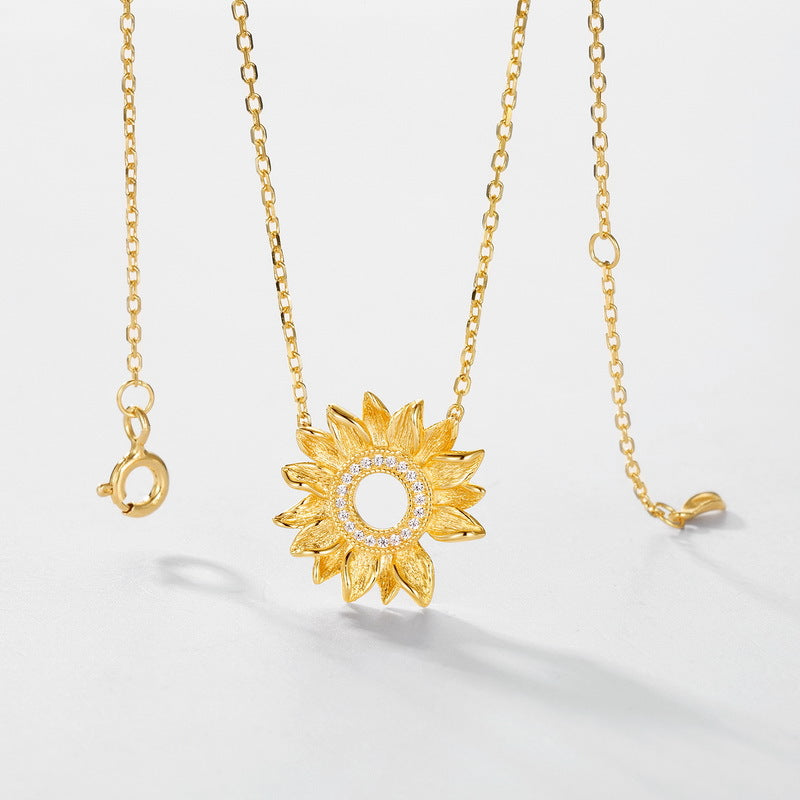 S925 sterling silver plated with 10K gold hand-brushed sunflower necklace inlaid with imitation diamonds | light luxury all-match clavicle necklace essential accessories for daily dating