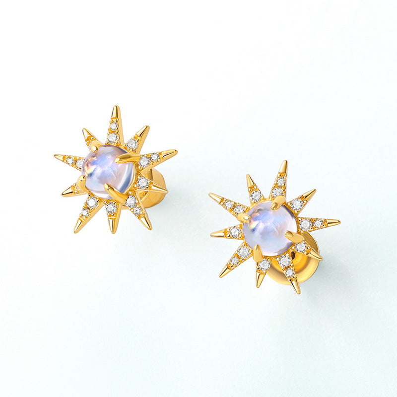 S925 sterling silver plated with 14K gold simple and stylish blue moonstone star earrings