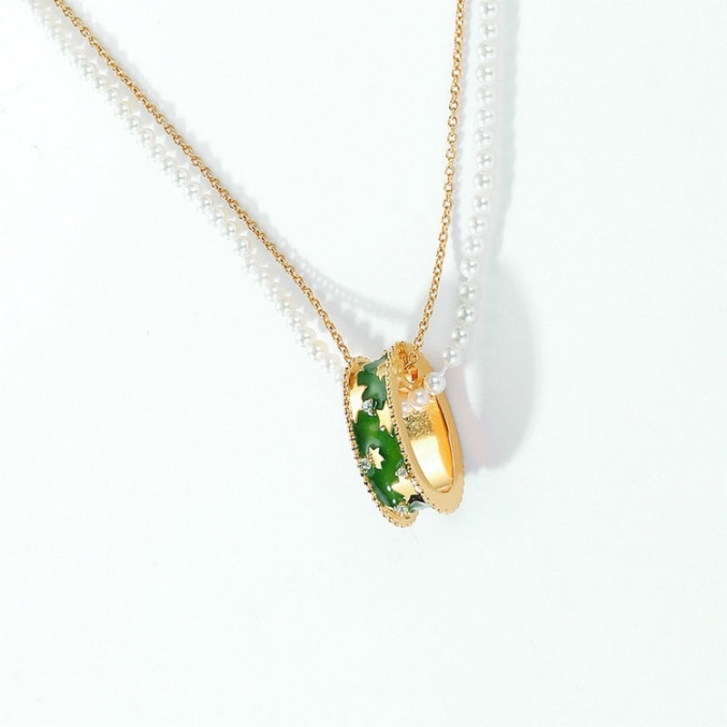 S925 純銀鍍 10K 金項鍊|貝殼珠配仿鑽雙層設計 精緻時尚鎖骨鏈